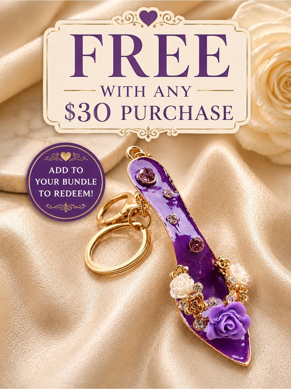 Purple High Heel Shoe Keychain Crystal Rose Gold Tone Purse Bag Charm